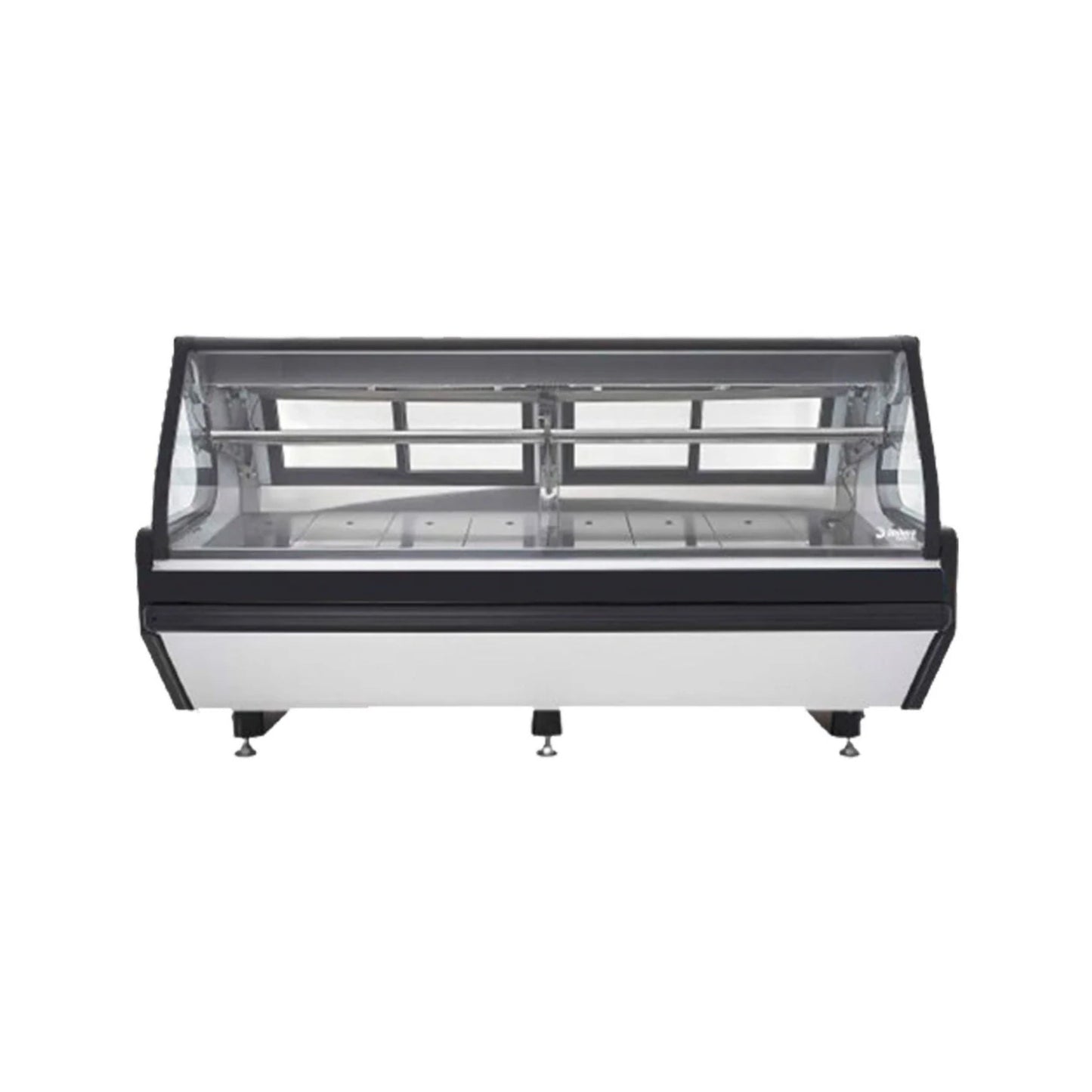 VITRINA CARNICERA ACERO INOXIDABLE CON MOSAICO NEGRO CON 2 PARRILLAS CON CAPACIDAD DE 1.120 M³ CRISTAL CURVO MODELO VMCA-250AI