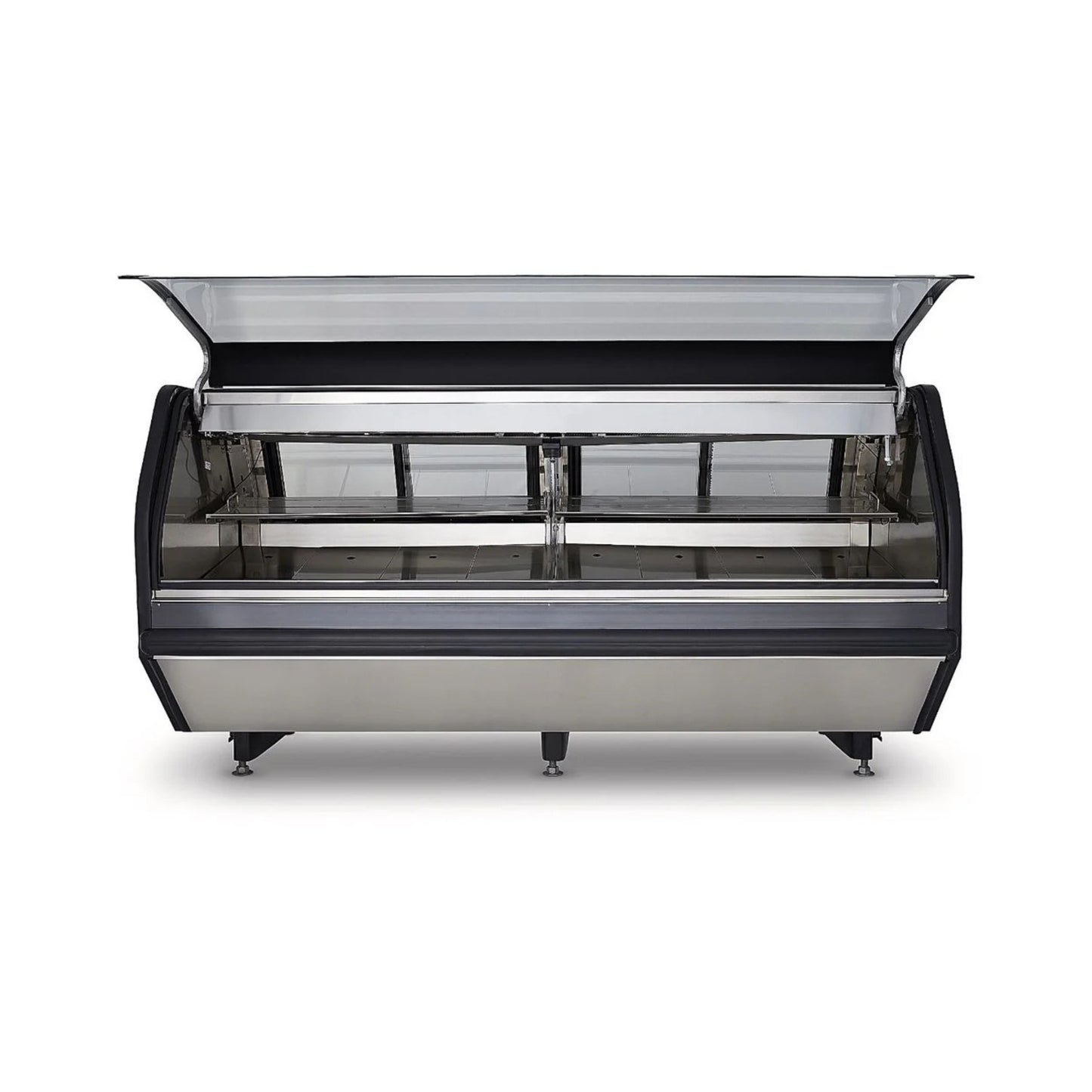 VITRINA CARNICERA ACERO INOXIDABLE CON MOSAICO NEGRO CON 2 PARRILLAS CON CAPACIDAD DE 1.120 M³ CRISTAL CURVO MODELO VMCA-250LIFT