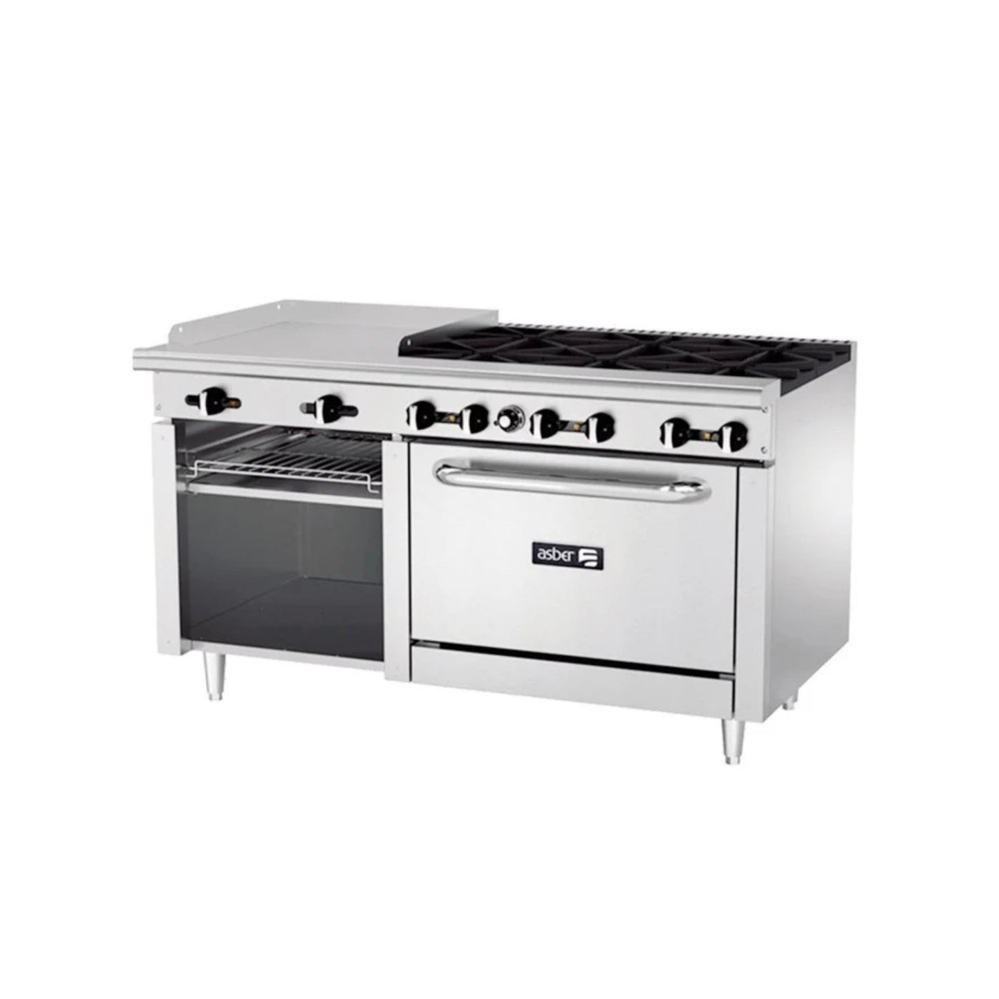 ESTUFA COMBINADA CON HORNO, PLANCHA Y GRATINADOR, 24" PARRILLA, 60" PLANCHA, 250 BTU TOTAL, 1524 X 823 X 943 MM GAS LP MODELO AEMR-G24-B6-60-H G