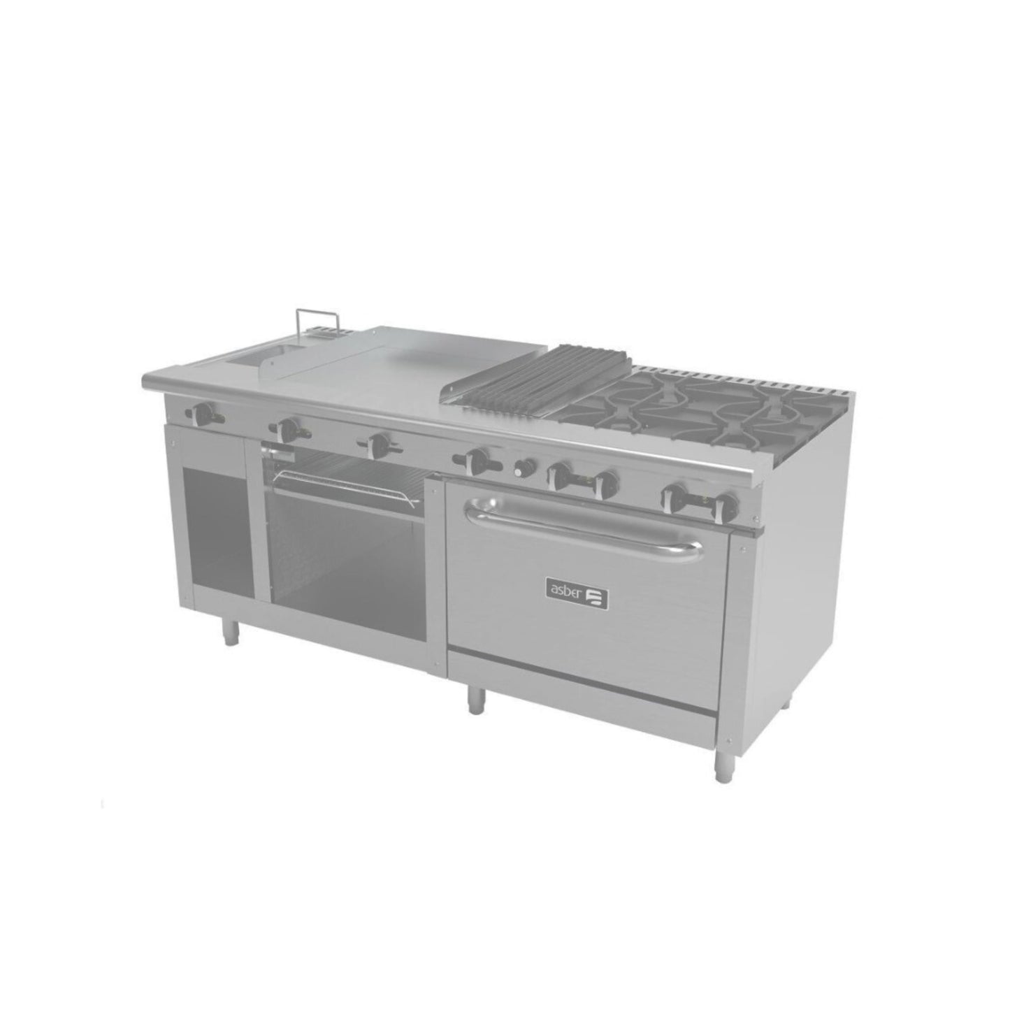 ESTUFA COMBINADA CON HORNO, PLANCHA, GRATINADOR, PARRILLA Y FREIDORA. 72" PARRILLA, 40" PLANCHA, 226 BTU TOTAL, 1829 X 823 X 943 MM GAS LP MODELO AMR-72 G