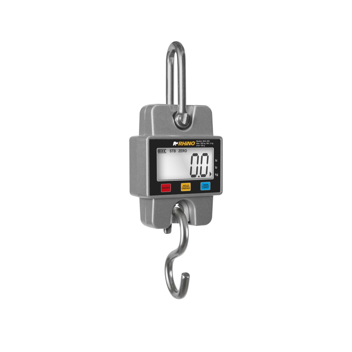 BÁSCULA COLGANTE 300KG / 100G, BACKLIGHT, LCD 35MM, CONSTRUCCIÓN ACERO, FUNCIÓN HOLD MODELO BAC-300
