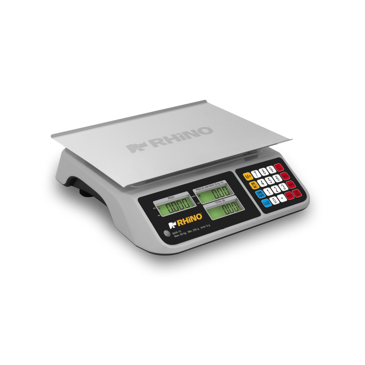 BÁSCULA DE MOSTRADOR, 60KG / 5G, CÁLCULO DE CAMBIO, BACKLIGHT, USB, BATERÍA 300H, PLATO ACERO INOXIDABLE 36 X 26CM MODELO BAR-10