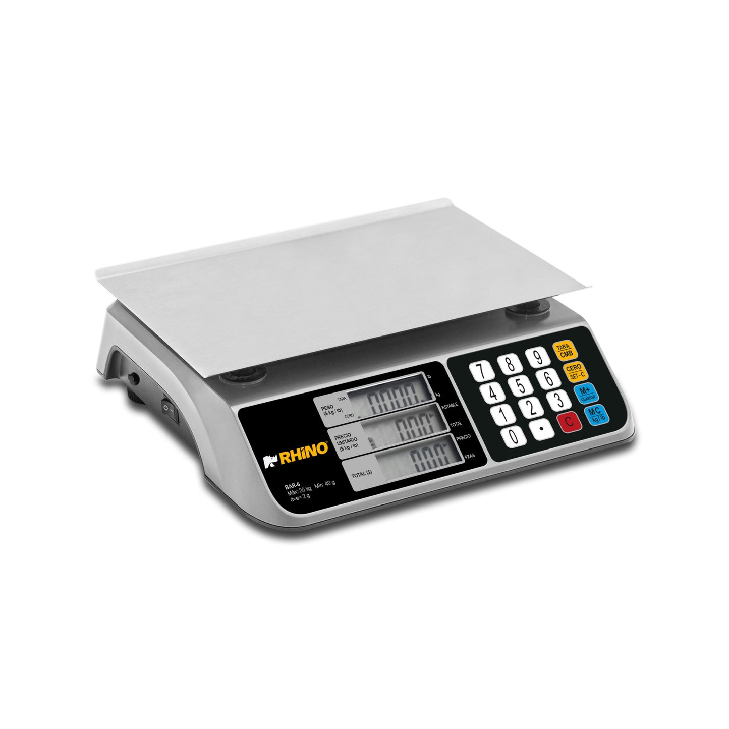 BÁSCULA DE MOSTRADOR, 20KG / 2G, CONTADORA DE PIEZAS Y CÁLCULO DE CAMBIO, BATERÍA 300H, PLATO ACERO INOXIDABLE 28 X 20CM MODELO BAR-6