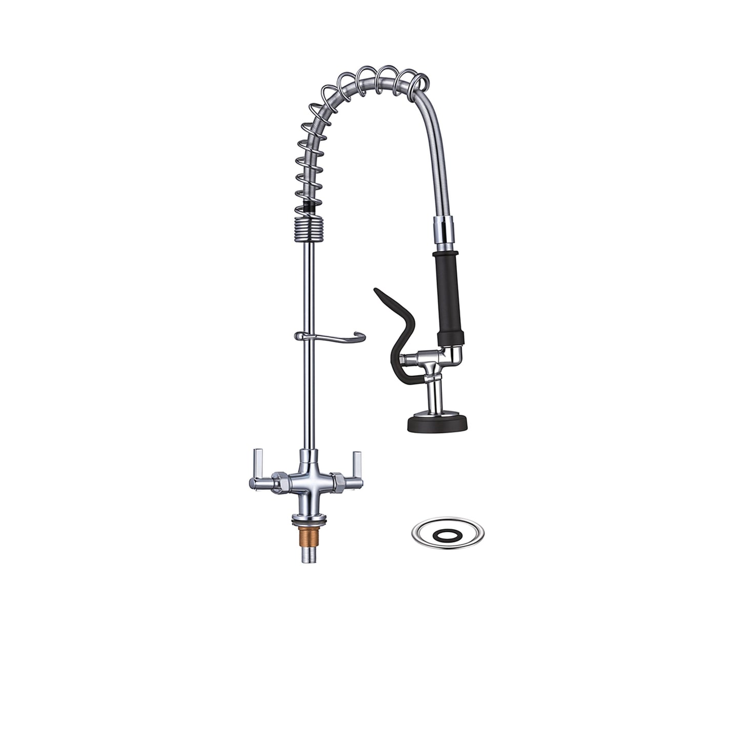 LLAVE DE PRELAVADO A PISO CON ADD ON Y CUELLO, MEZCLADORA, CON CARTUCHOS DE CERÁMICA, SPRAY ESTÁNDAR, TUBO, RESORTE Y BRACKET DE PARED, NSF