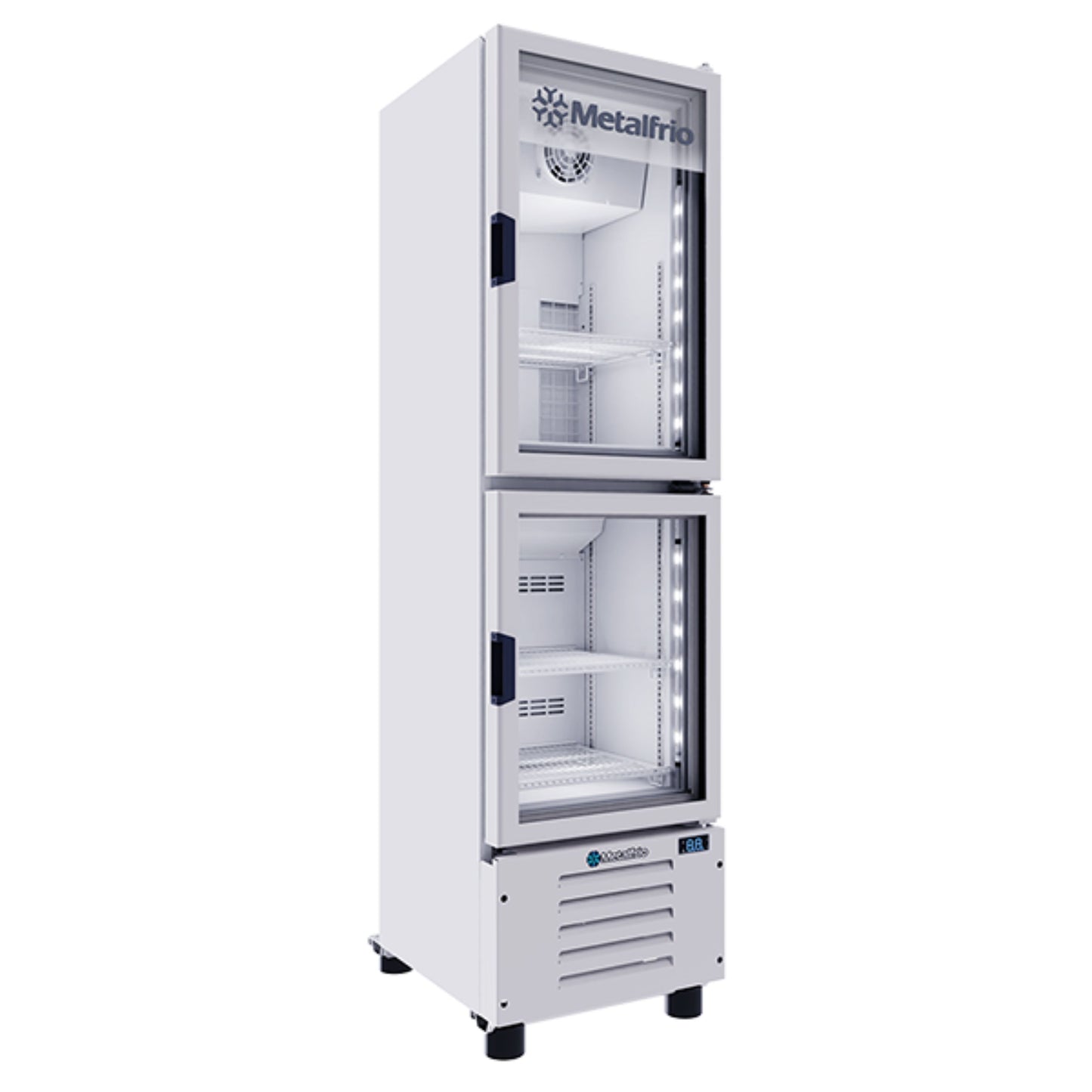 CONSERVADOR VERTICAL CON CAPACIDAD DE 7.7 PIES³ (0.218 m³) CON 2 COMPARTIMENTOS (CONGELADOR SUPERIOR Y ENFRIADOR INFERIOR), CON 2 PUERTAS DE CRISTAL, 4 PARRILLAS MODELO VFH08