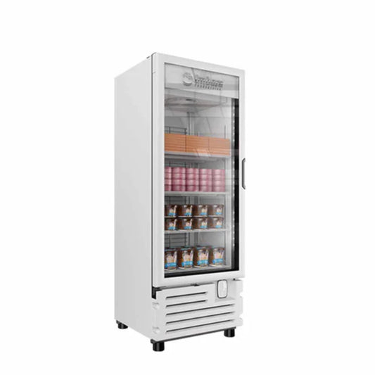 CONGELADOR VERTICAL BLANCO CON 4 PARRILLAS CON CAPACIDAD DE 0.453 M³, 1 PUERTA DE CRISTAL, LUZ LED MODELO VFS16
