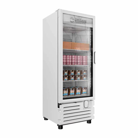 CONGELADOR VERTICAL BLANCO CON 5 PARRILLAS CON CAPACIDAD DE 0.680 M³, 1 PUERTA DE CRISTAL, LUZ LED MODELO VFS24