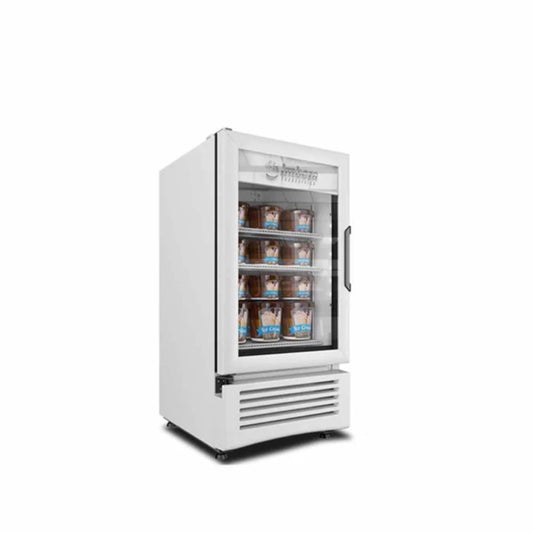 CONGELADOR VERTICAL BLANCO CON 3 PARRILLAS CON CAPACIDAD DE 0.113 M³, 1 PUERTA DE CRISTAL, LUZ LED MODELO VF04