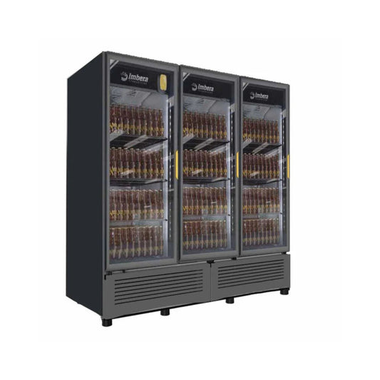 ENFRIADOR CERVECERO NEGRO CON 12 PARRILLAS CON CAPACIDAD DE 2.039 M³, 3 PUERTAS DE CRISTAL, LUZ LED, MODELO CCV1350