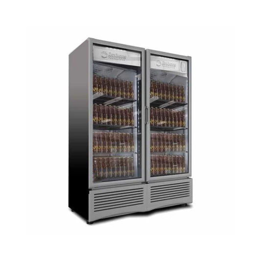 ENFRIADOR CERVECERO NEGRO CON 10 PARRILLAS CON CAPACIDAD DE 1.187 M³, 2 PUERTAS DE CRISTAL, LUZ LED, MODELO CCV900
