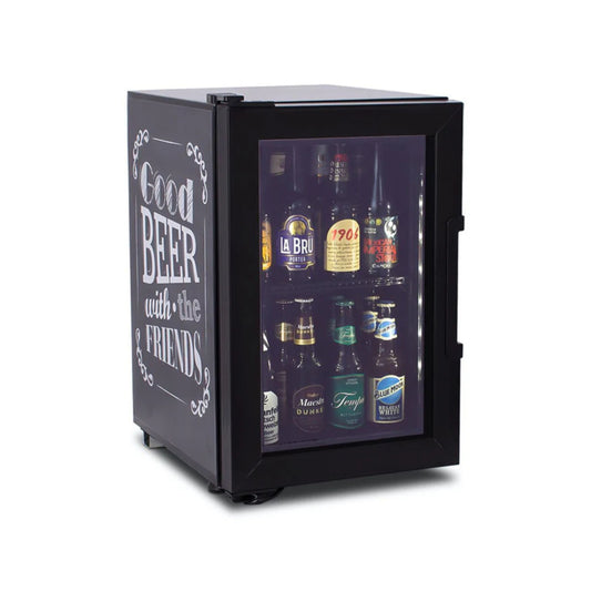 HOME COOLER NEGRO CON 1 PARRILLA CON CAPACIDAD DE 0.054 M³, 1 PUERTA DE CRISTAL, LUZ LED MODELO SVC01 PIZARRON