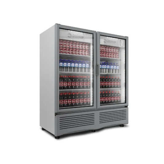 ENFRIADOR VERTICAL DE 8 PARRILLAS CON CAPACIDAD DE 0.99 M³, 2 PUERTAS DE CRISTAL, LUZ LED MODELO VRD35