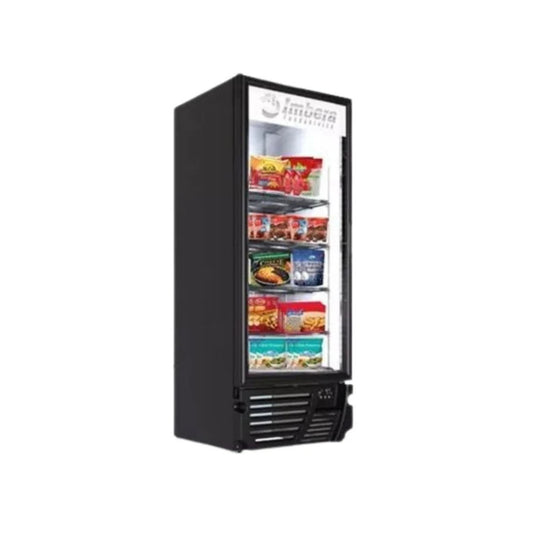 CONGELADOR VERTICAL NEGRO CON 4 PARRILLAS CON CAPACIDAD DE 0.680 M³, 1 PUERTA DE CRISTAL, LUZ LED MODELO VFS24
