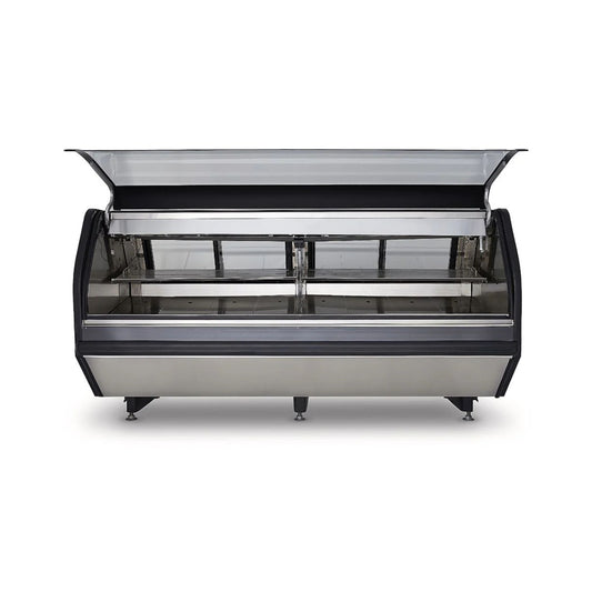 VITRINA CARNICERA ACERO INOXIDABLE CON MOSAICO NEGRO CON 2 PARRILLAS CON CAPACIDAD DE 1.120 M³ CRISTAL CURVO MODELO VMCA-250LIFT