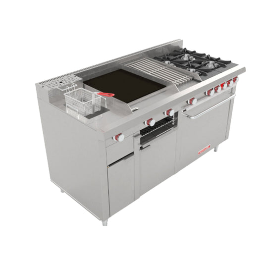ESTUFA DE 4 QUEMADORES CON FREIDORA 8 L, PLANCHA, GRATINADOR, ASADOR, CON HORNO MULTIPLE TURBO DE PISO MГЃSTER