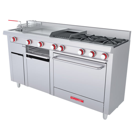 ESTUFA DE 2 QUEMADORES CON HORNO, FREIDORA 3 L, PLANCHA CON GRATINADOR Y ASADOR PREMIUM DE PISO
