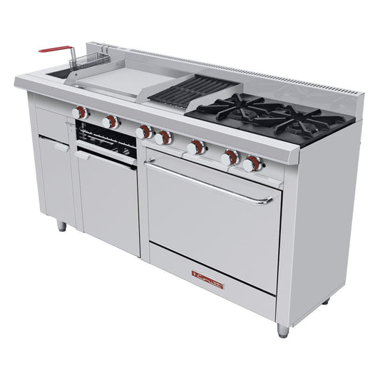 ESTUFA DE 2 QUEMADORES CON HORNO, FREIDORA TURBO 6.5 L, PLANCHA CON GRATINADOR Y ASADOR PREMIUM DE PISO