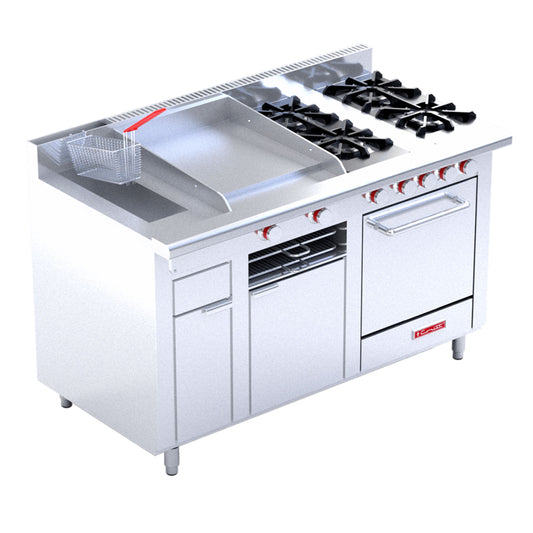 ESTUFA DE 4 QUEMADORES CON HORNO FREIDORA 3 L Y PLANCHA CON GRATINADOR MULTICHEF TURBO DE PISO MГЃSTER