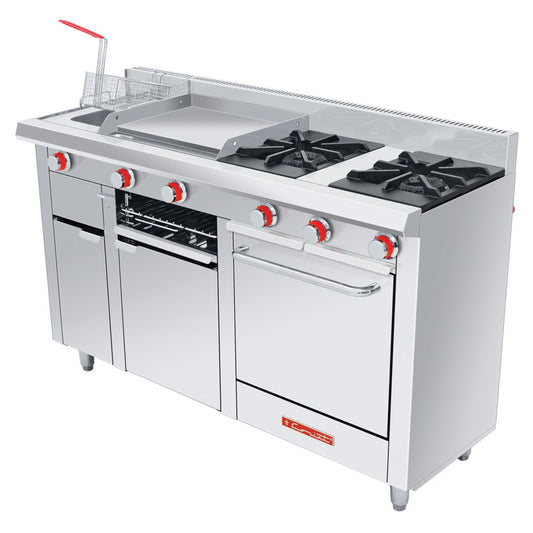 ESTUFA DE 2 QUEMADORES CON HORNO, FREIDORA 3 L Y PLANCHA CON GRATINADOR PREMIUM DE PISO