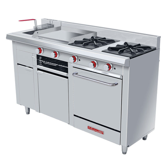 ESTUFA DE 2 QUEMADORES CON HORNO, FREIDORA TURBO 6.5 L Y PLANCHA CON GRATINADOR PREMIUM DE PISO