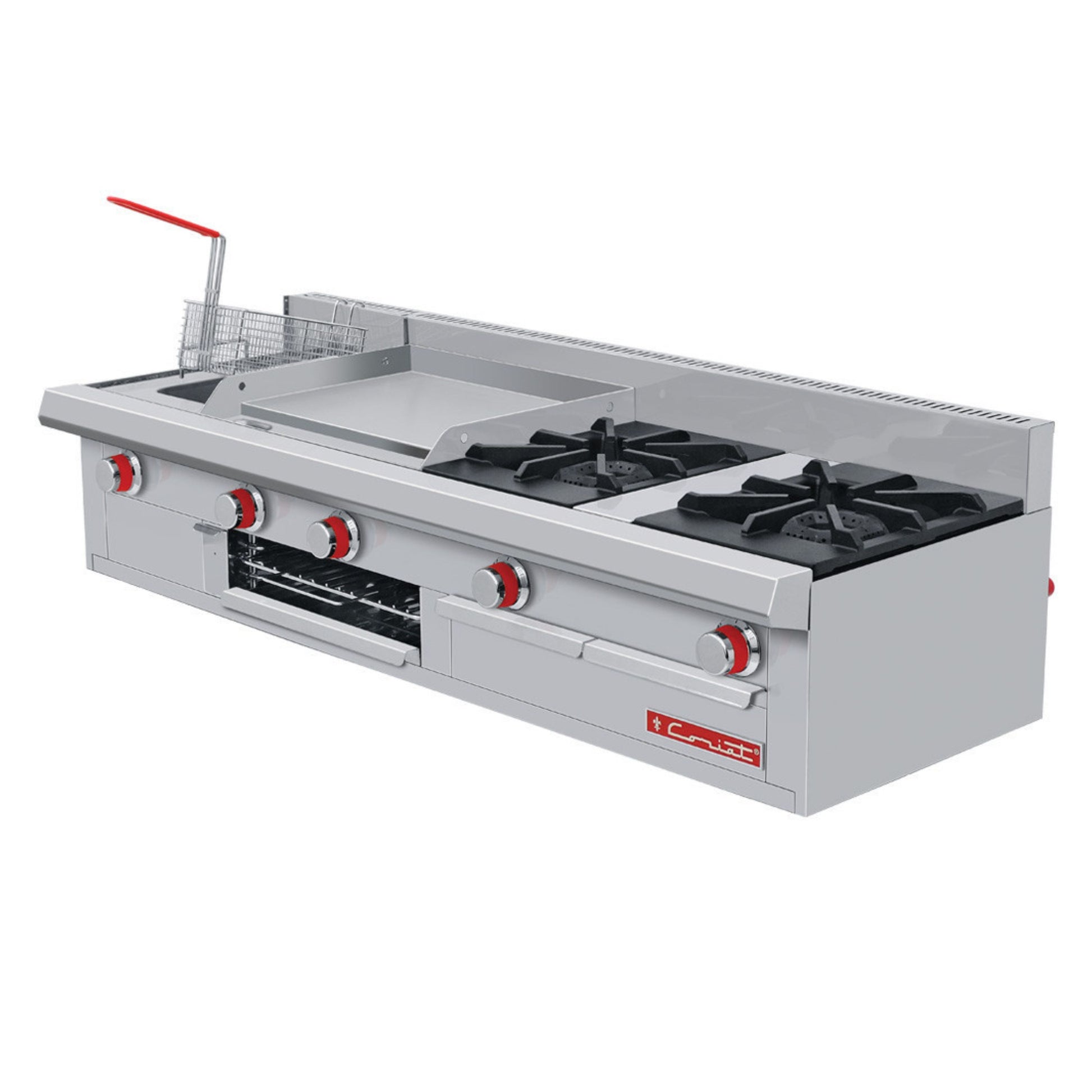 ESTUFA DE 2 QUEMADORES CON FREIDORA 3 L Y PLANCHA CON GRATINADOR PREMIUM DE PISO