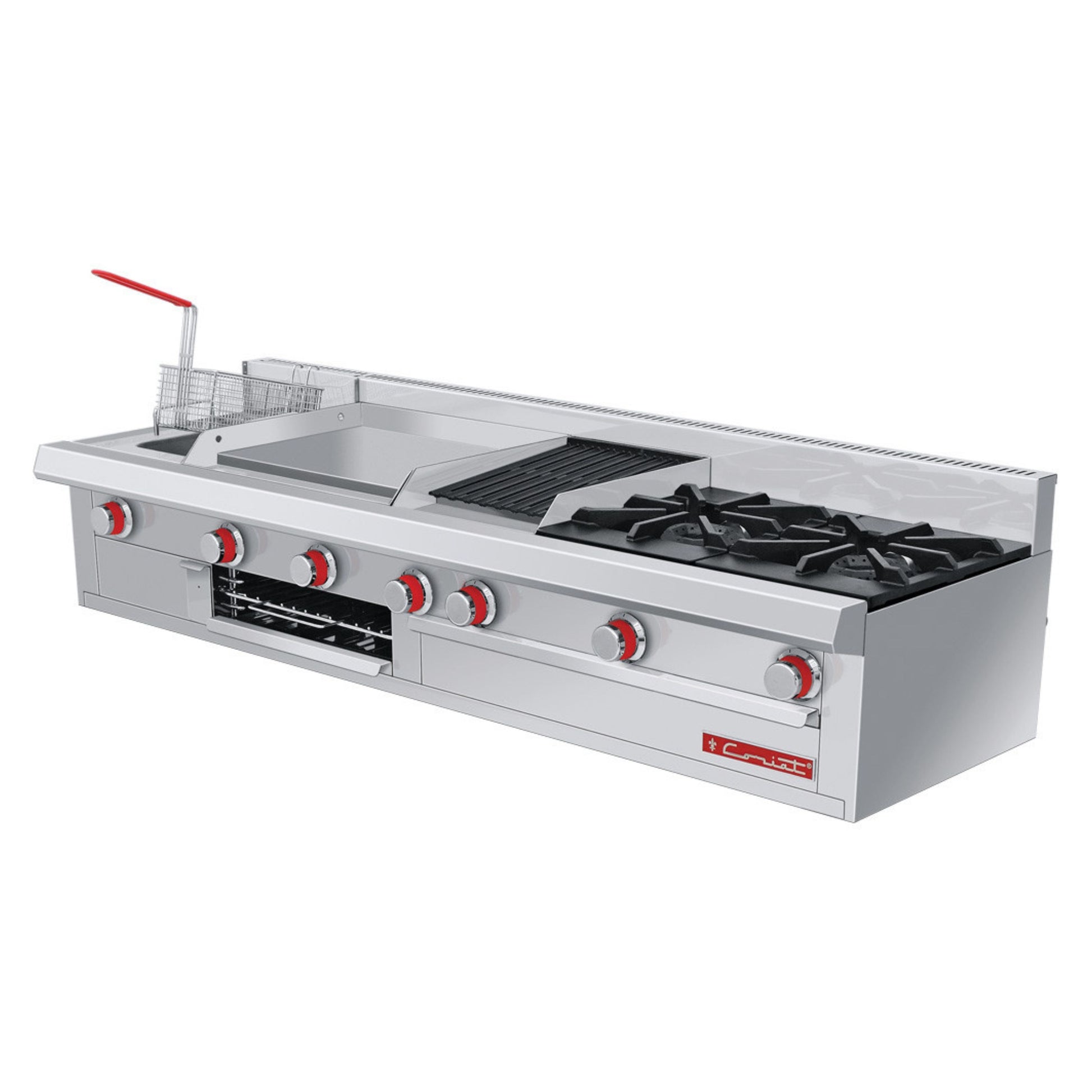ESTUFA DE 2 QUEMADORES CON FREIDORA 3 L, PLANCHA CON GRATINADOR Y ASADOR PREMIUM DE PISO