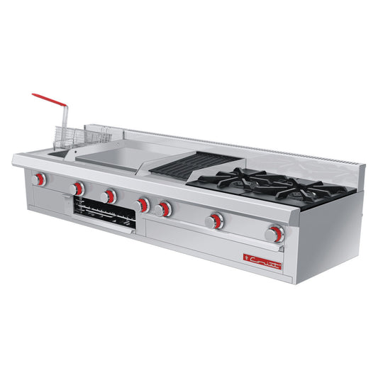 ESTUFA DE 2 QUEMADORES CON FREIDORA 3 L, PLANCHA CON GRATINADOR Y ASADOR PREMIUM DE PISO
