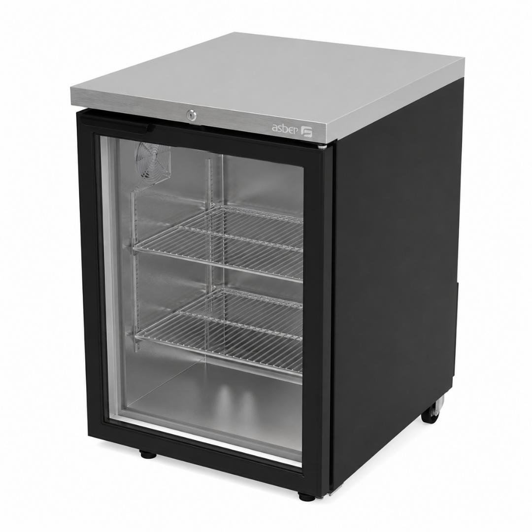 REFRIGERADOR DE CONTRA BARRA EN VINYL NEGRO 1 PUERTA DE CRISTAL ABBC 23 G HC