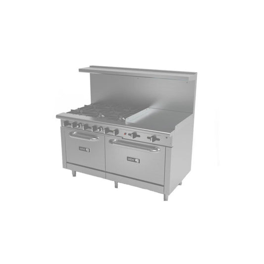 ESTUFA COMBINADA CON 2 HORNOS Y PLANCHA, 24" PARRILLA, 60" PLANCHA, 280 BTU TOTAL, 1524 X 823 X 943 MM GAS NATURAL MODELO AEMR-2-G24-B6-60-H