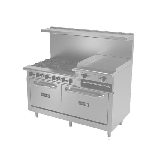 ESTUFA COMBINADA CON 2 HORNOS, PLANCHA Y GRATINADOR, 24" PARRILLA, 60" PLANCHA, 280 BTU TOTAL, 1524 X 823 X 1067 MM GAS NATURAL MODELO AEMR-2-RG24-B6-60-H
