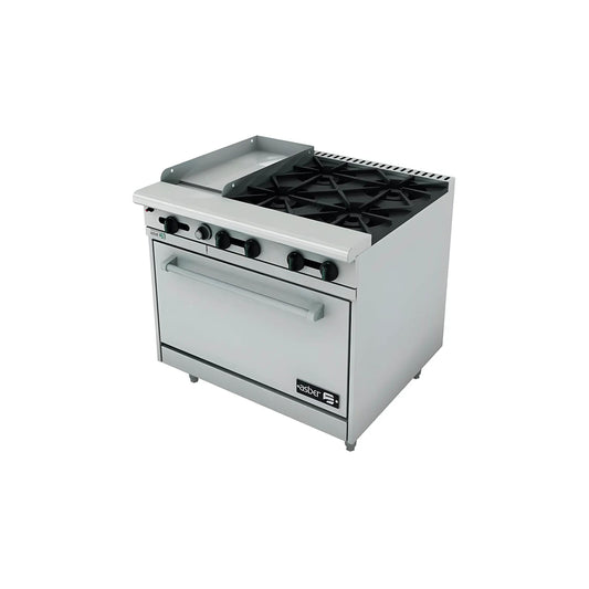 ESTUFA COMBINADA CON HORNO Y PLANCHA, 12" PARRILLA, 36" PLANCHA, 170 BTU TOTAL, 914 X 823 X 943 MM GAS NATURAL MODELO AEMR-G12-B4-36
