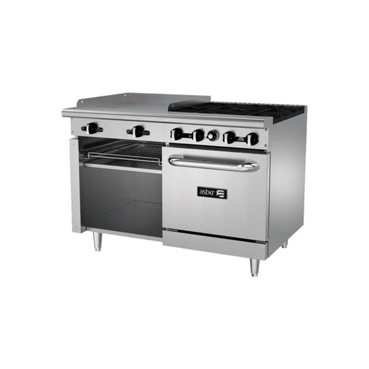 ESTUFA COMBINADA CON HORNO, PLANCHA Y GRATINADOR, 24" PARRILLA, 48" PLANCHA, 190 BTU TOTAL, 1219 X 823 X 943 MM GAS LP MODELO AEMR-G24-B4-48-H G