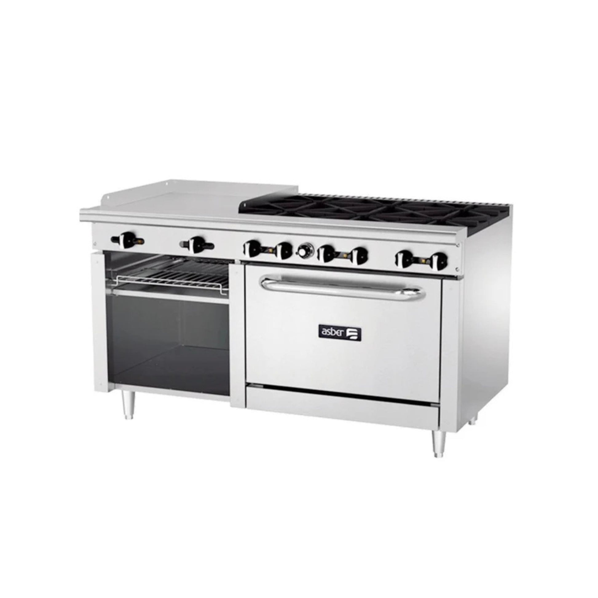 ESTUFA COMBINADA CON HORNO, PLANCHA Y GRATINADOR, 24" PARRILLA, 60" PLANCHA, 250 BTU TOTAL, 1524 X 823 X 943 MM GAS LP MODELO AEMR-G24-B6-60-H G