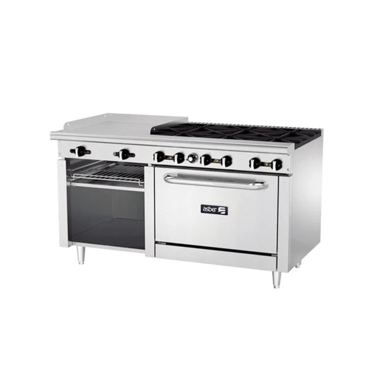ESTUFA COMBINADA CON HORNO, PLANCHA Y GRATINADOR, 24" PARRILLA, 60" PLANCHA, 250 BTU TOTAL, 1524 X 823 X 943 MM GAS LP MODELO AEMR-G24-B6-60-H G