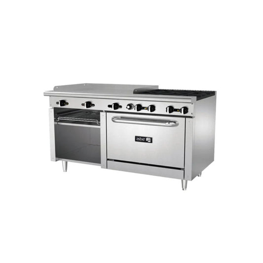 ESTUFA COMBINADA CON HORNO, PLANCHA Y GRATINADOR, 36" PARRILLA, 60" PLANCHA, 210 BTU TOTAL, 1524 X 823 X 943 MM GAS LP MODELO AEMR-G36-B4-60-H G