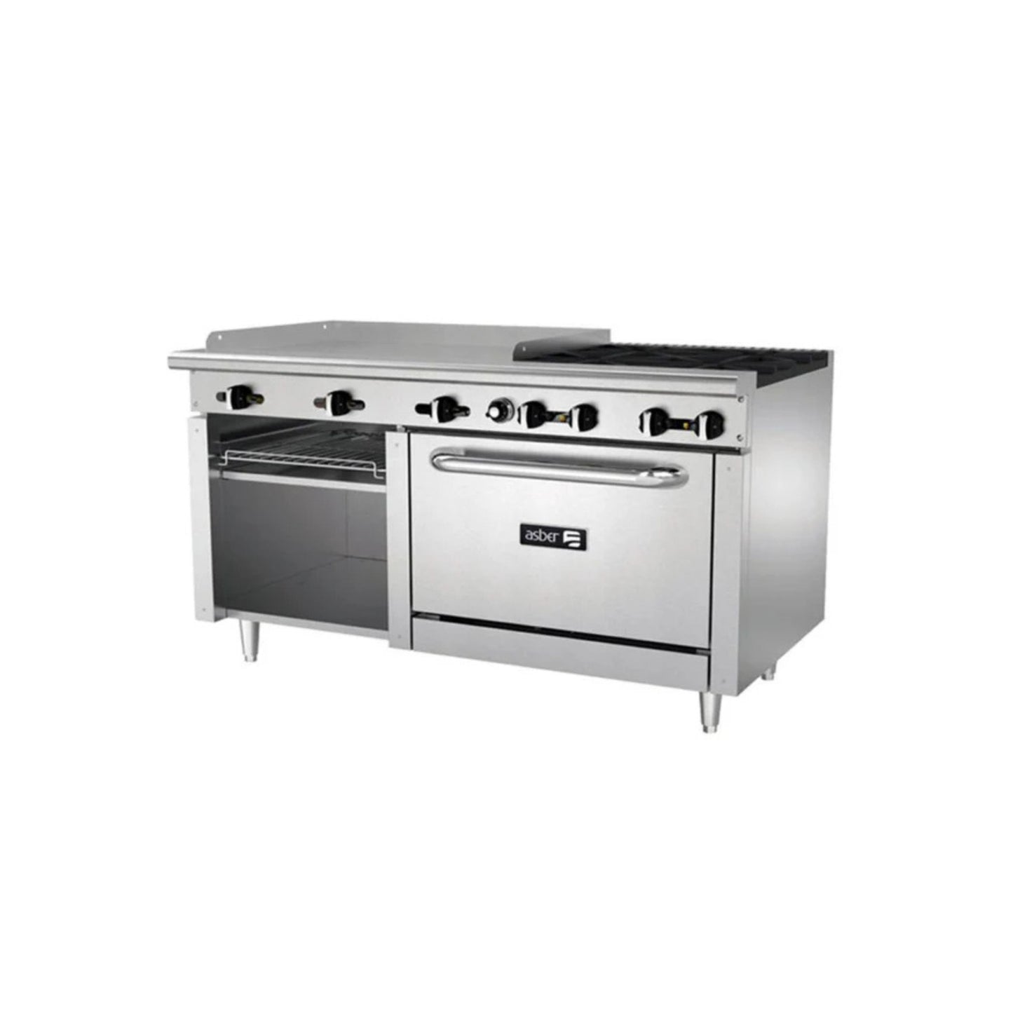 ESTUFA COMBINADA CON HORNO, PLANCHA Y GRATINADOR, 36" PARRILLA, 60" PLANCHA, 210 BTU TOTAL, 1524 X 823 X 943 MM GAS NATURAL MODELO AEMR-G36-B4-60-H