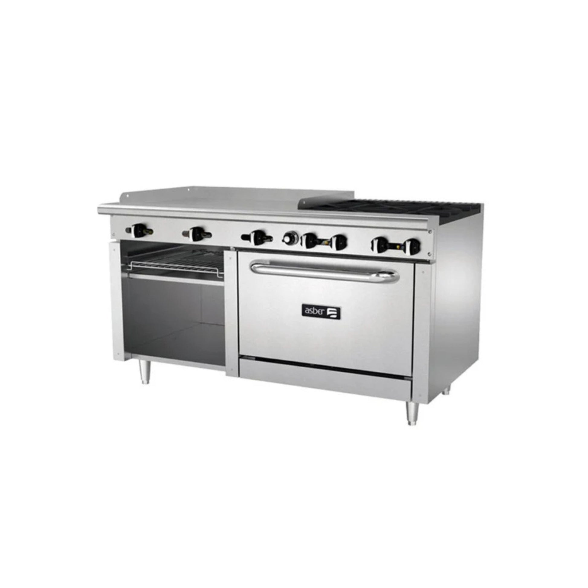 ESTUFA COMBINADA CON HORNO, PLANCHA Y GRATINADOR, 36" PARRILLA, 60" PLANCHA, 210 BTU TOTAL, 1524 X 823 X 943 MM GAS NATURAL MODELO AEMR-G36-B4-60-H