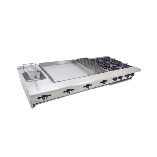 ESTUFA COMBINADA DE MESA CON PLANCHA, PARRILLA Y FREIDORA 72" PARRILLA, 40" PLANCHA, 196 BTU TOTAL, 1829 X 823 X 398 MM MODELO GAS NATURAL AM-72