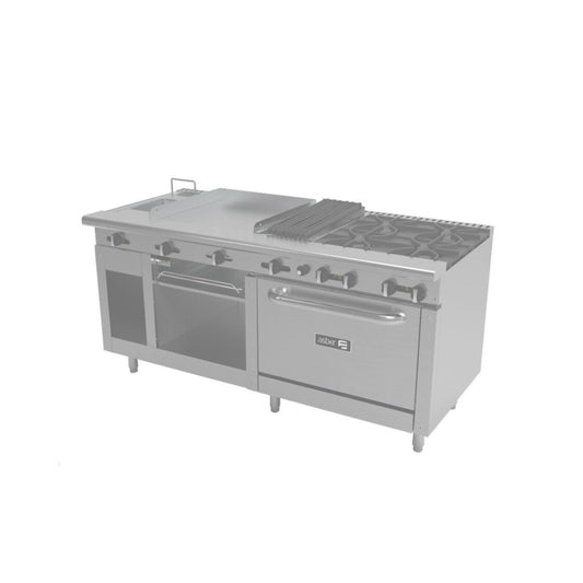 ESTUFA COMBINADA CON HORNO, PLANCHA, GRATINADOR, PARRILLA Y FREIDORA, 72" PARRILLA, 40" PLANCHA, 226 BTU TOTAL, 1829 X 823 X 943 MM GAS NATURAL MODELO AMR-72