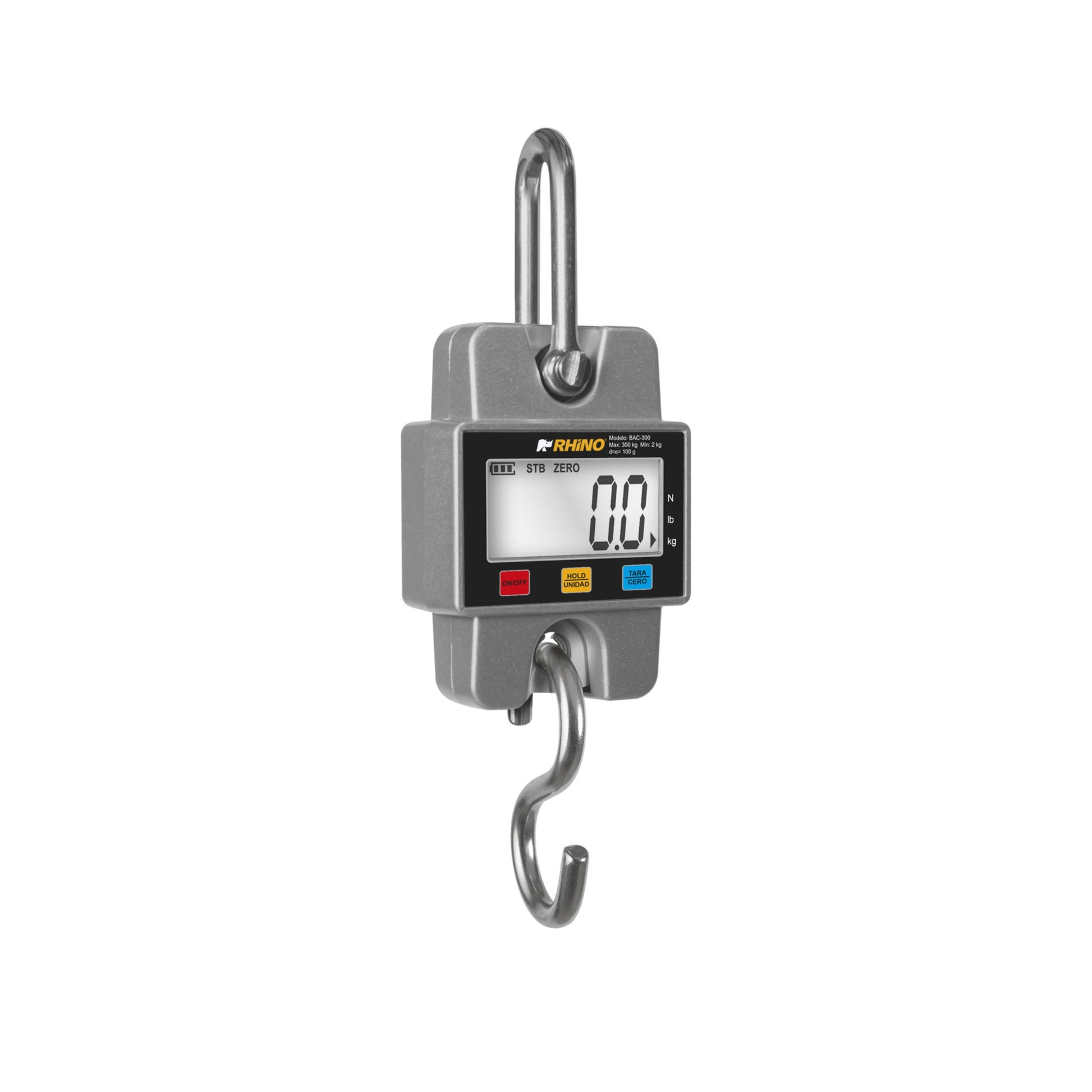BÁSCULA COLGANTE 300KG / 100G, BACKLIGHT, LCD 35MM, CONSTRUCCIÓN ACERO, FUNCIÓN HOLD MODELO BAC-300