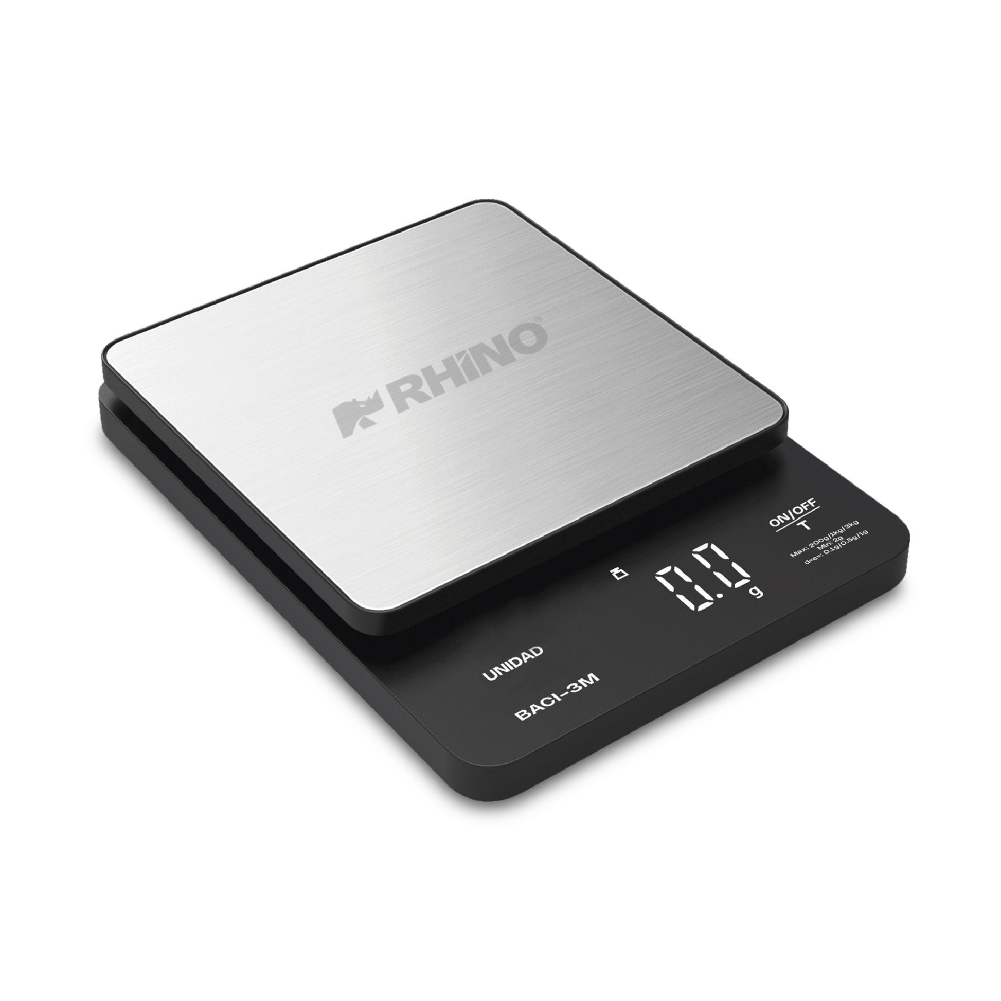 BÁSCULA DE PRECISIÓN 0–200G / 0.1G, 201G–1KG / 0.5G, 1.01–3KG / 1G, PESA EN G, ML, LB:OZ Y OZ LÍQUIDA, PLATO ACERO INOXIDABLE 12.5 X 12.5CM MODELO BACI-3M