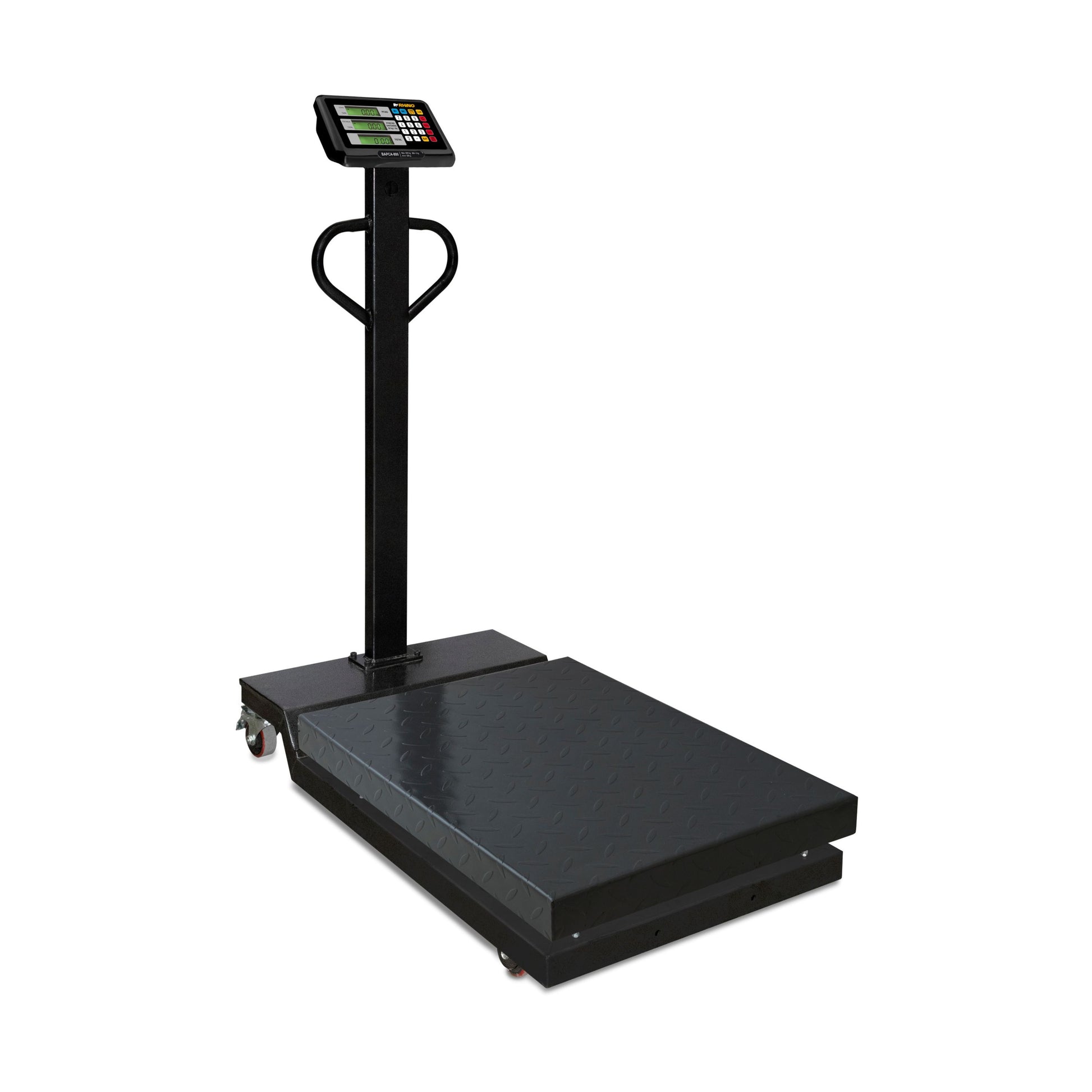 BÁSCULA DE PLATAFORMA 800KG / 200G, INDICADOR CON PANTALLAS ILUMINADAS, PLATAFORMA ACERO AL CARBONO 60 X 80CM, RUEDAS Y MANUBRIO ERGONÓMICO MODELO BAPCA-800