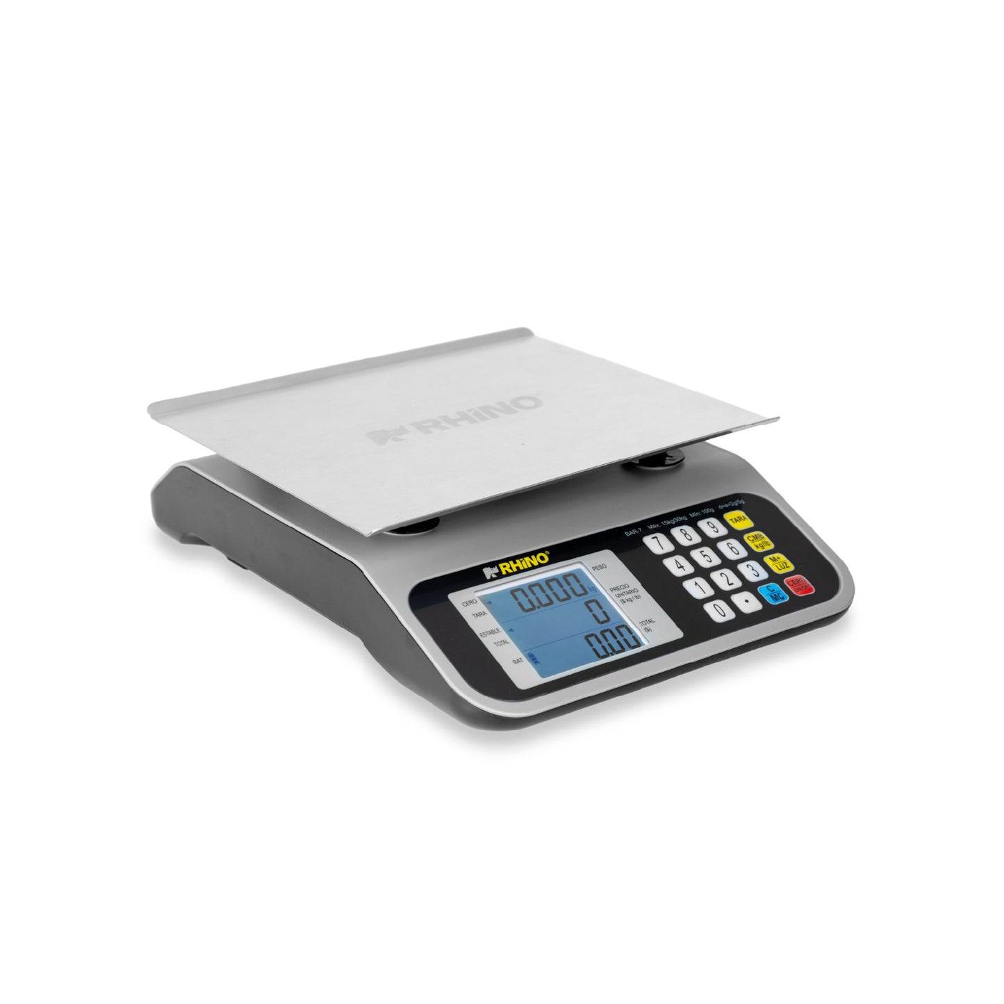 BÁSCULA DE MOSTRADOR, 0–15KG / 2G, 15–30KG / 5G, FUNCIONES DE CAJA REGISTRADORA, BACKLIGHT, BATERÍA 200H, PLATO ACERO INOXIDABLE 27.5 X 22.5CM MODELO BAR-7