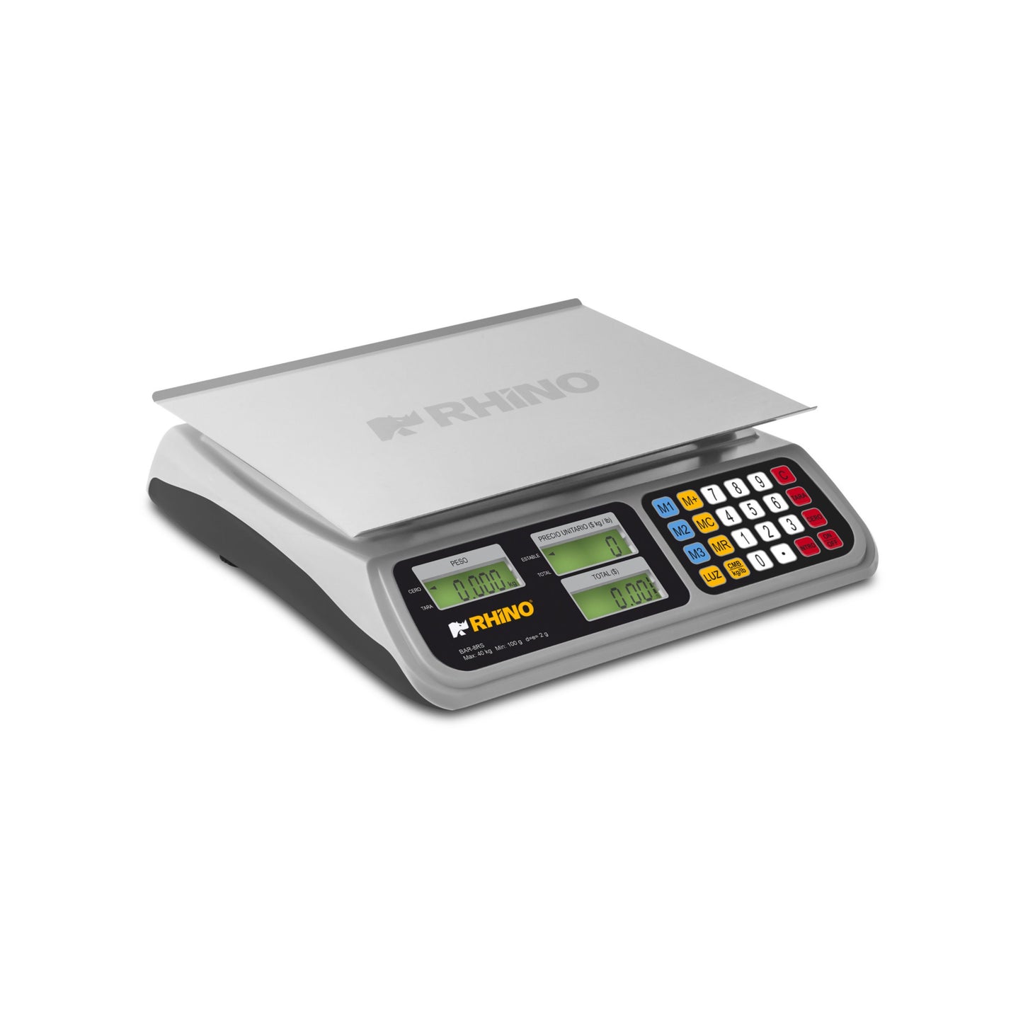 BÁSCULA DE MOSTRADOR, 40KG / 2G, CAJA REGISTRADORA, 3 MEMORIAS, BACKLIGHT, USB, BATERÍA 300H, PLATO ACERO INOXIDABLE 33 X 25CM MODELO BAR-8RS