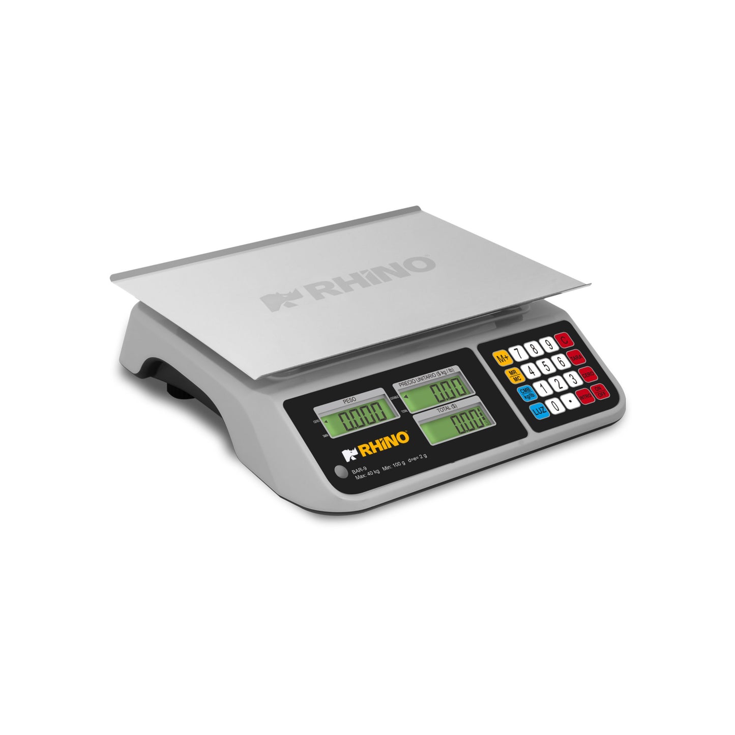 BÁSCULA DE MOSTRADOR, 40KG / 2G, CÁLCULO DE CAMBIO, BACKLIGHT, USB, BATERÍA 300H, PLATO ACERO INOXIDABLE 36 X 26CM MODELO BAR-9