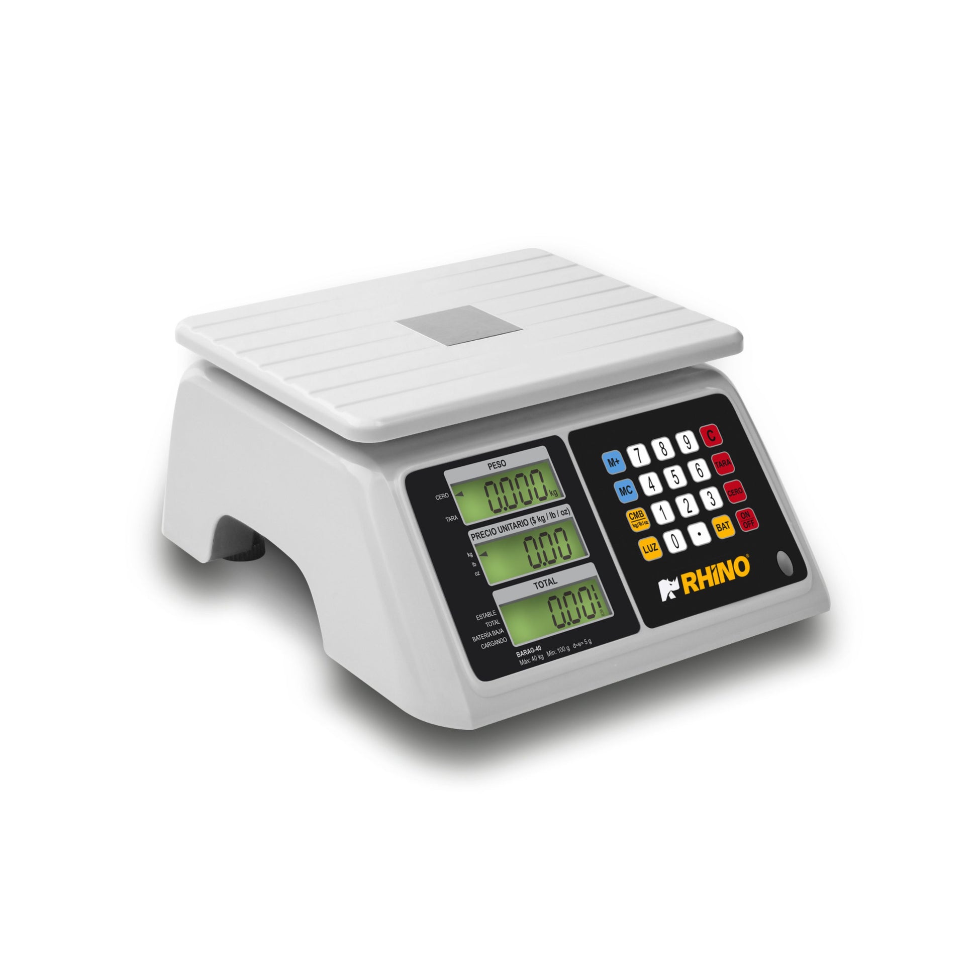 BÁSCULA DE MOSTRADOR, 40KG / 5G, CAJA REGISTRADORA, RESISTENTE AL AGUA, BACKLIGHT, BATERÍA 300H, PLATO 28 X 22CM MODELO BARAG-40