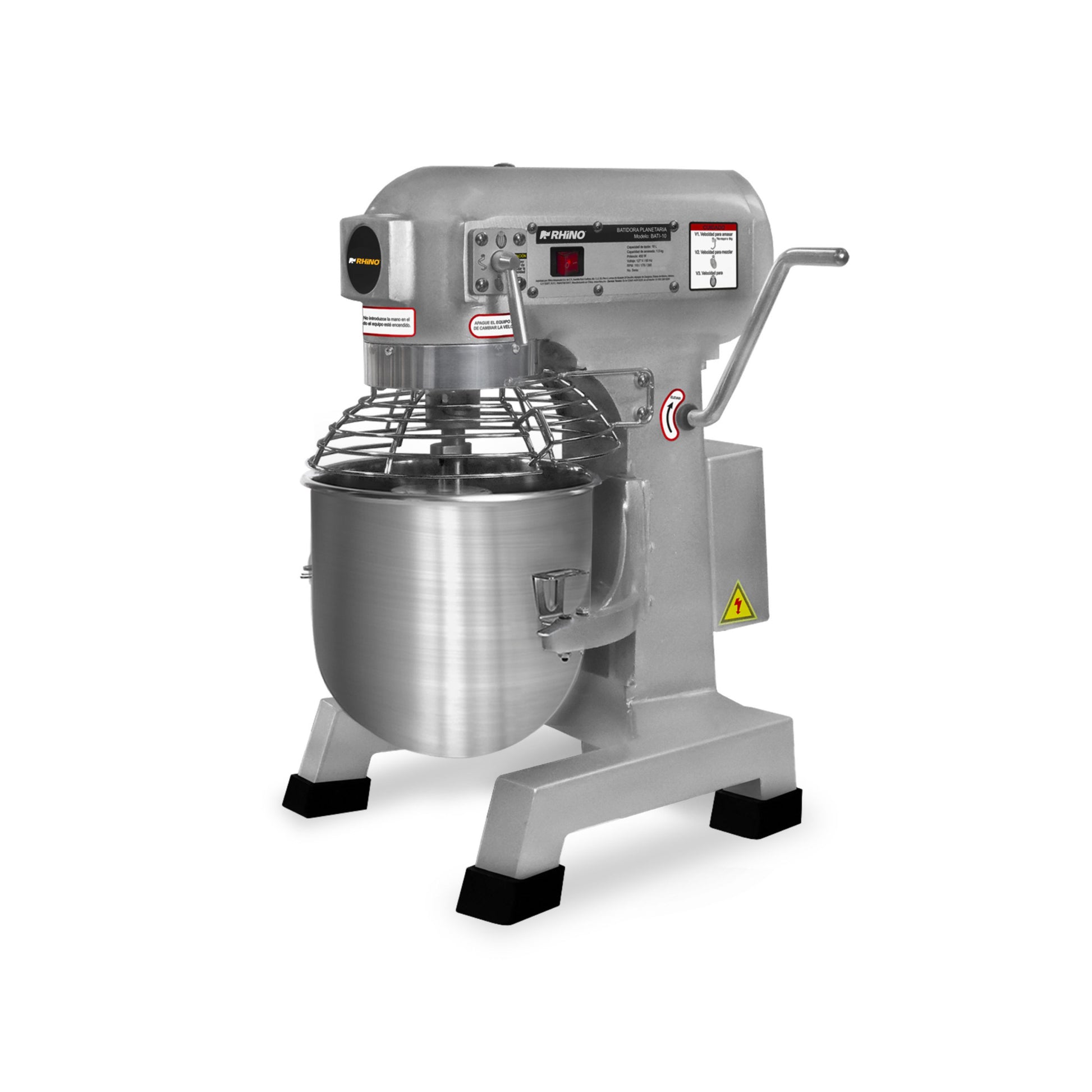 BATIDORA PLANETARIA 10L, 600W, 3 VELOCIDADES, INCLUYE PALETA, GLOBO Y GANCHO, TAZÓN ACERO INOXIDABLE CON REJA PROTECTORA MODELO BATI-10