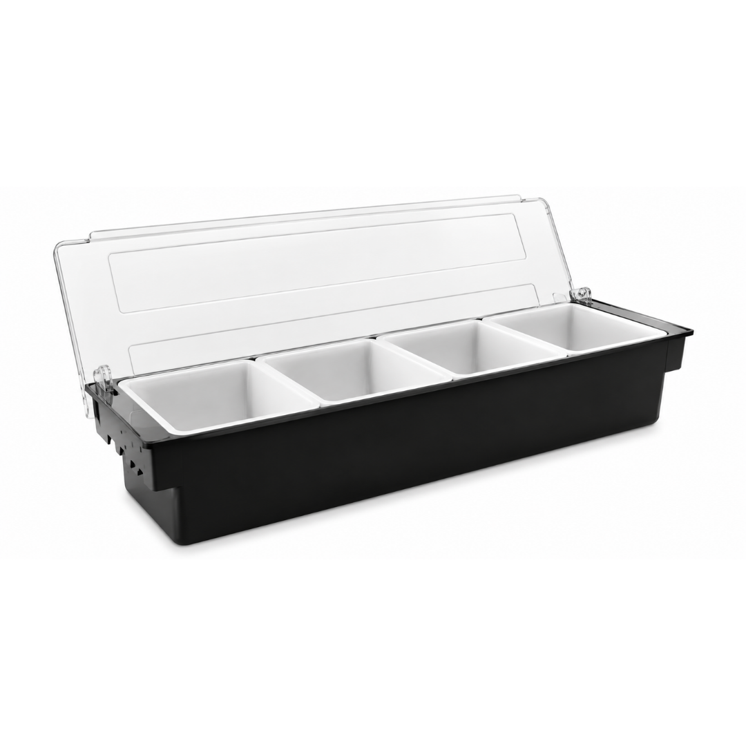 CAJA PARA CONDIMENTOS CON 4 COMPARTIMIENTOS, COLOR NEGRO, 50 X 15 CM. MODELO CACO-4