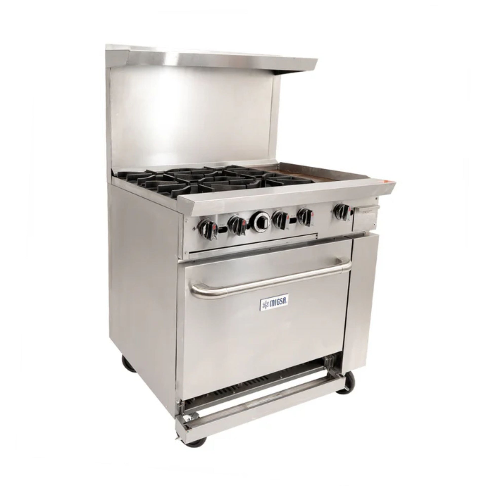 ESTUFA COMERCIAL A GAS DE 6 QUEMADORES Y HORNO CON RESPALDO