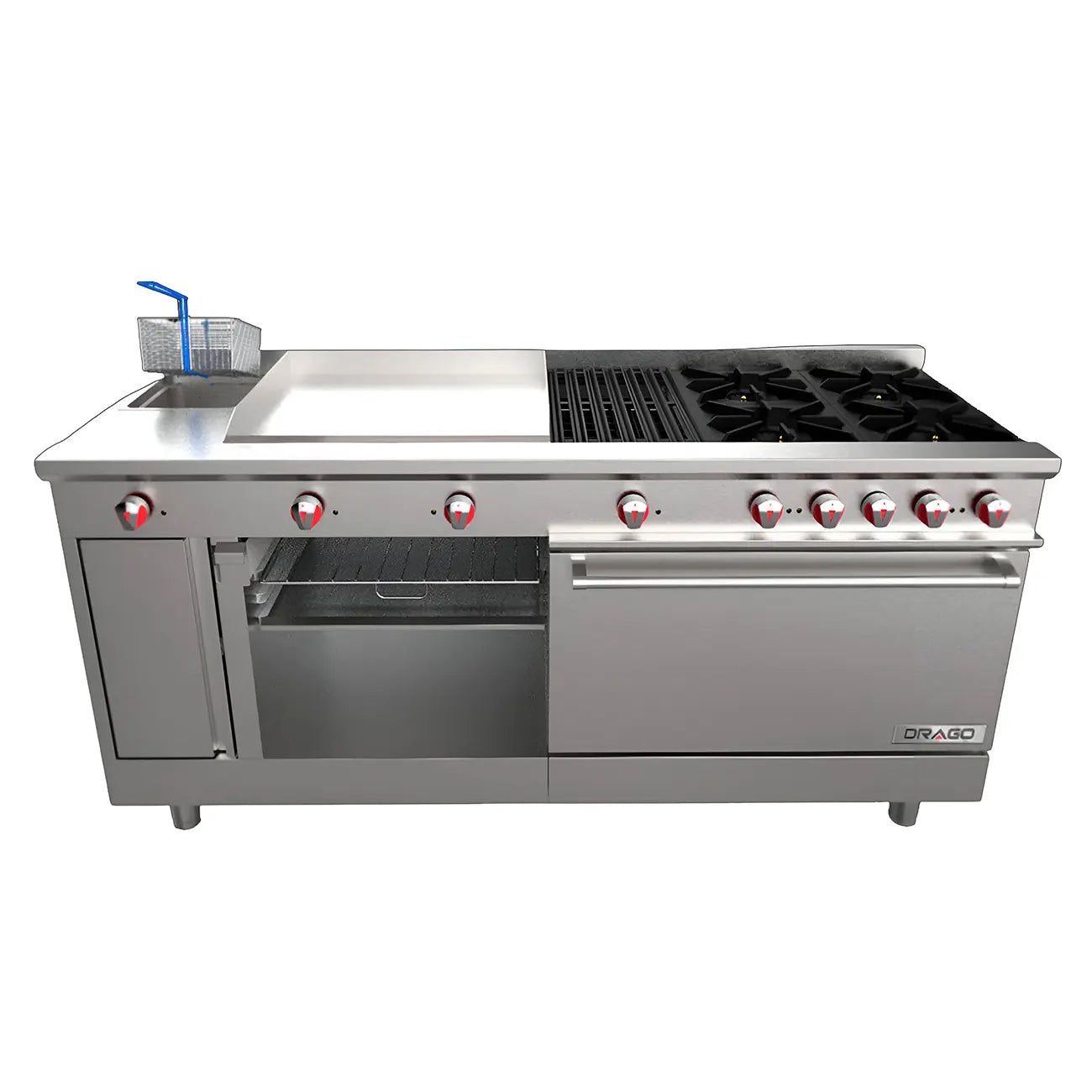 ESTUFA CON 4 QUEMADORES, HORNO, ASADOR DE 1 PIE, PLANCHA DE 2 PIES, FREIDORA Y GRATINADOR MODELO UNIVERSAL PD